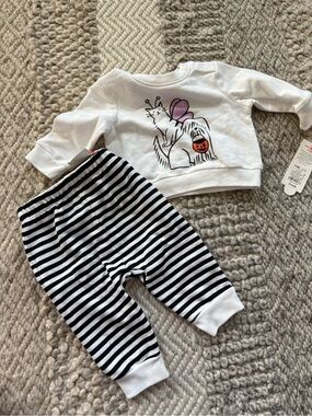 Cat & Jack White Top Black & White Striped Pants Matching Set 3-6 mo cat dog